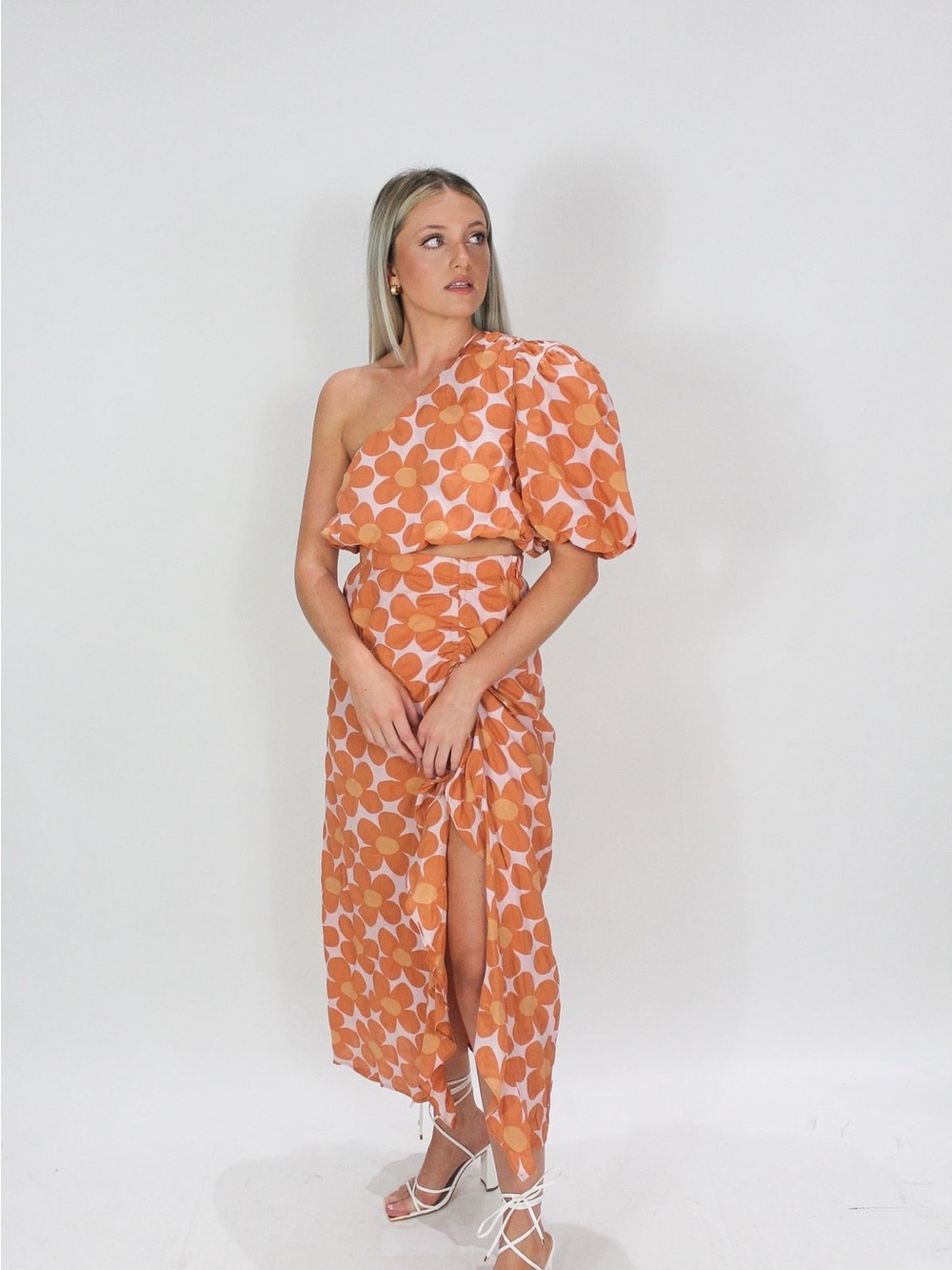 vestique Orange Floral One-Shoulder Maxi Skirt Set
